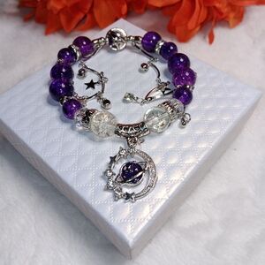 Purple and Silver Planet Space Charm Bracelet Beaded